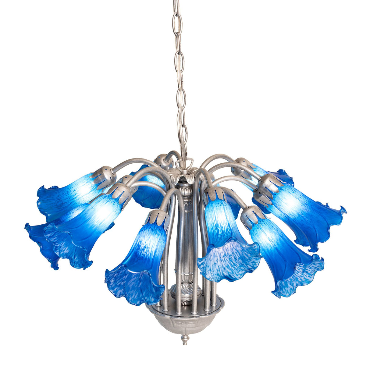 Top angled view of the lit Blue Tiffany Pond Lily 12 light chandelier.
