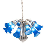 Top angled view of the lit Blue Tiffany Pond Lily 12 light chandelier.