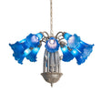 Blue Tiffany Pond Lily 12 light chandelier lit with vivid art glass shades.