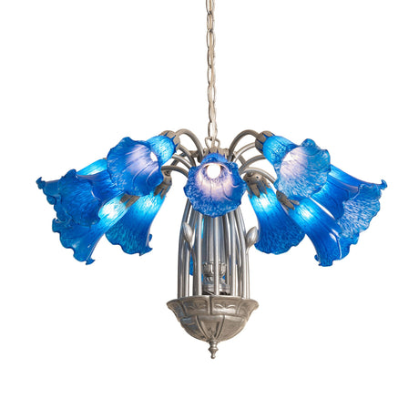 Blue Tiffany Pond Lily 12 light chandelier lit with vivid art glass shades.
