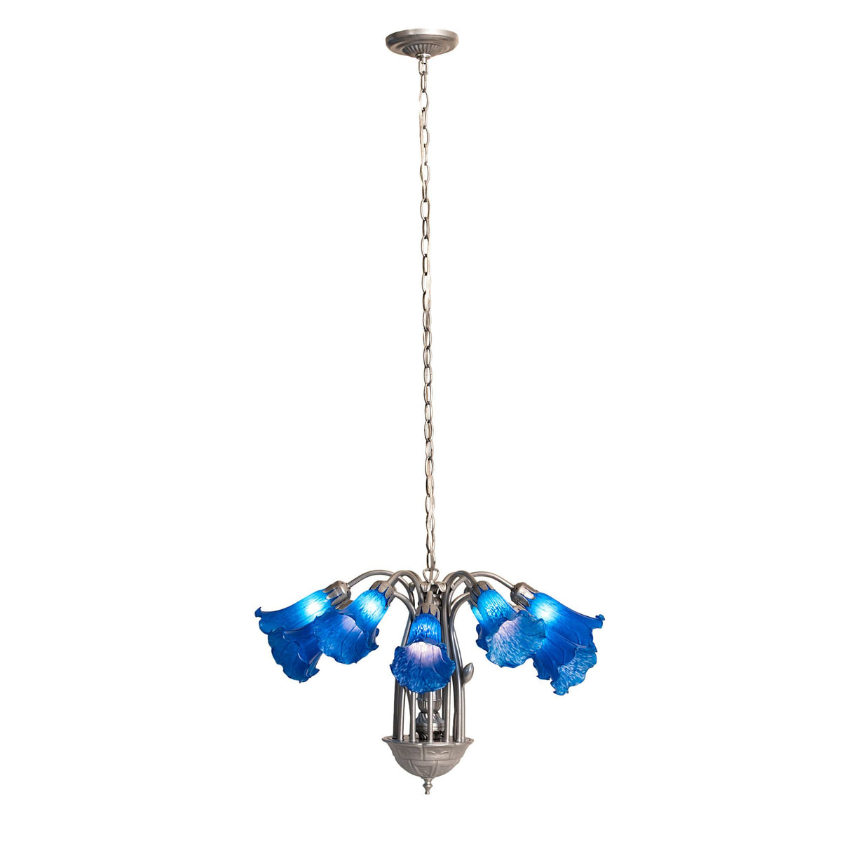 Long hanging full view of the Blue Tiffany Pond Lily 12 light chandelier installation.