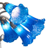 Close detail view of blue Favrile art glass shade on the Tiffany Pond Lily chandelier.