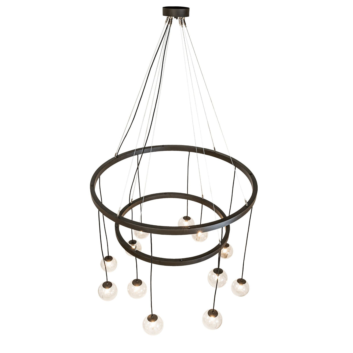 Angled view of 12 light 2 tier chandelier with suspended glass orb pendants on adjustable cords.
