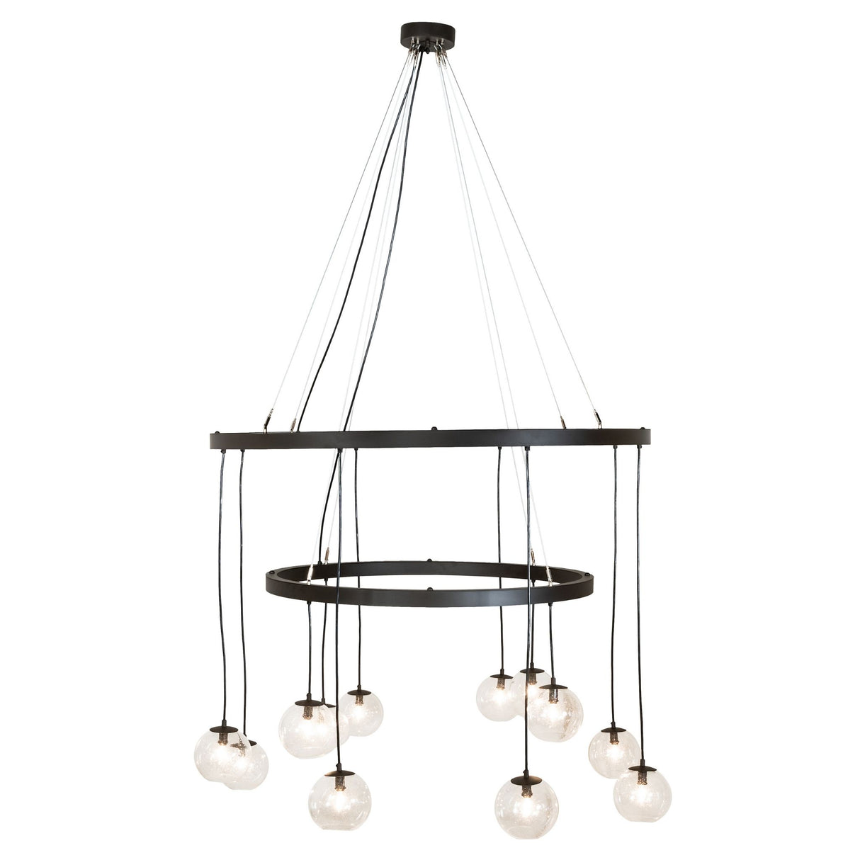 Front view of chandelier featuring two bronze rings and clear glass globe pendants.