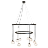 Front view of chandelier featuring two bronze rings and clear glass globe pendants.