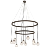 Lit view of 12 light 2 tier chandelier with cascading clear glass orbs and oil rubbed bronze finish.