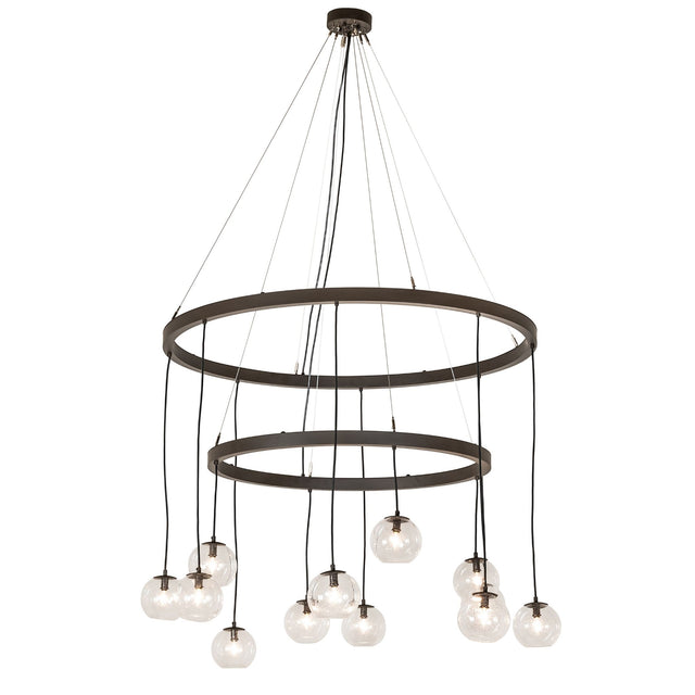 Lit view of 12 light 2 tier chandelier with cascading clear glass orbs and oil rubbed bronze finish.