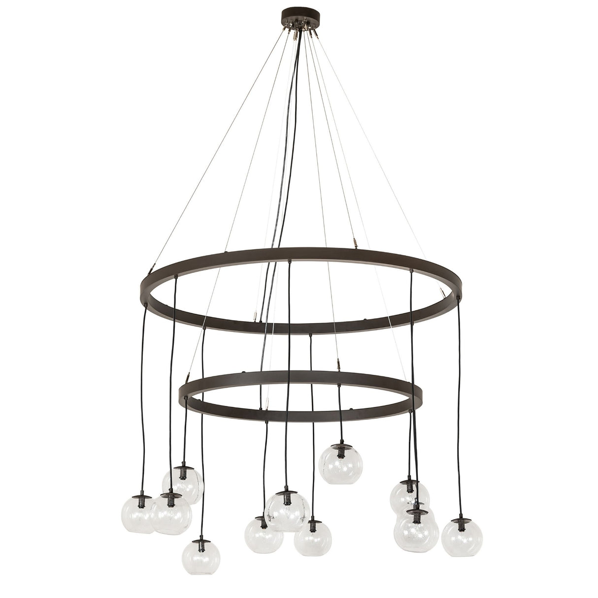 Unlit view of 12 light 2 tier chandelier with clear glass orbs and oil rubbed bronze rings.