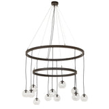 Unlit view of 12 light 2 tier chandelier with clear glass orbs and oil rubbed bronze rings.