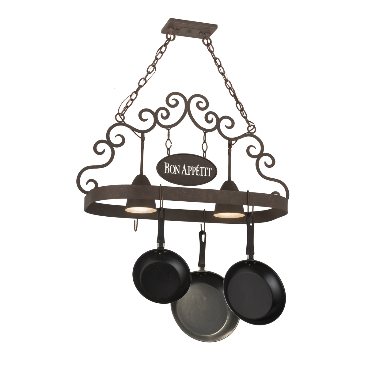 Lit view of Bon Appetit 2-light pot rack at angle.