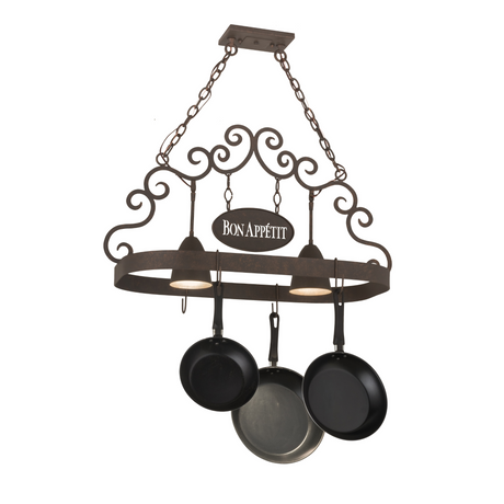 Lit view of Bon Appetit 2-light pot rack at angle.