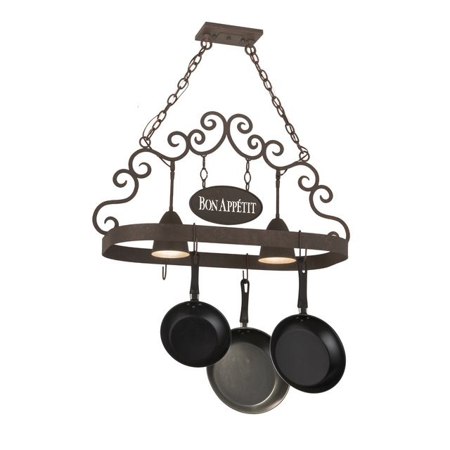 Lit view of Bon Appetit 2-light pot rack at angle.