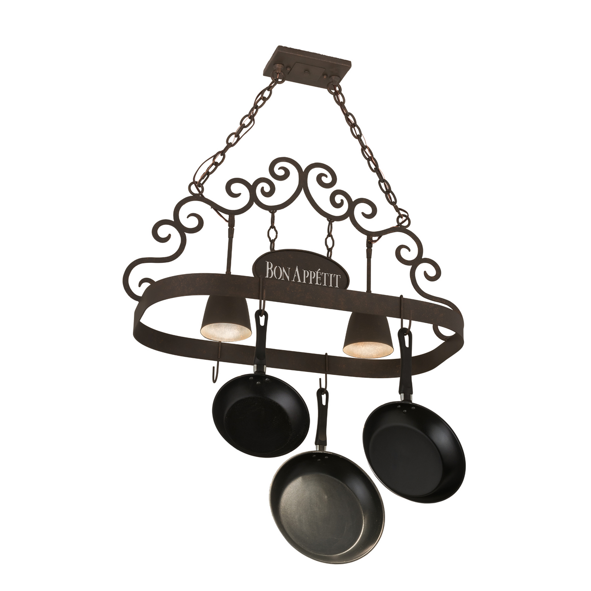 Side view of Bon Appetit 2-light pot rack lit.