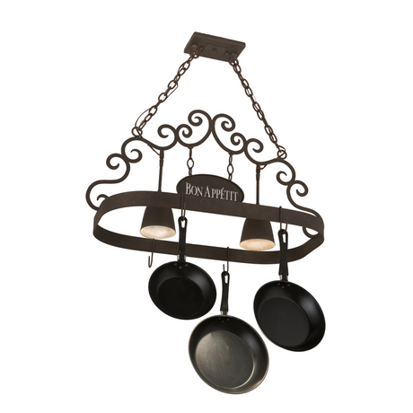 Side view of Bon Appetit 2-light pot rack lit.