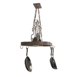 Side angle view showing scroll design and cookware hooks.