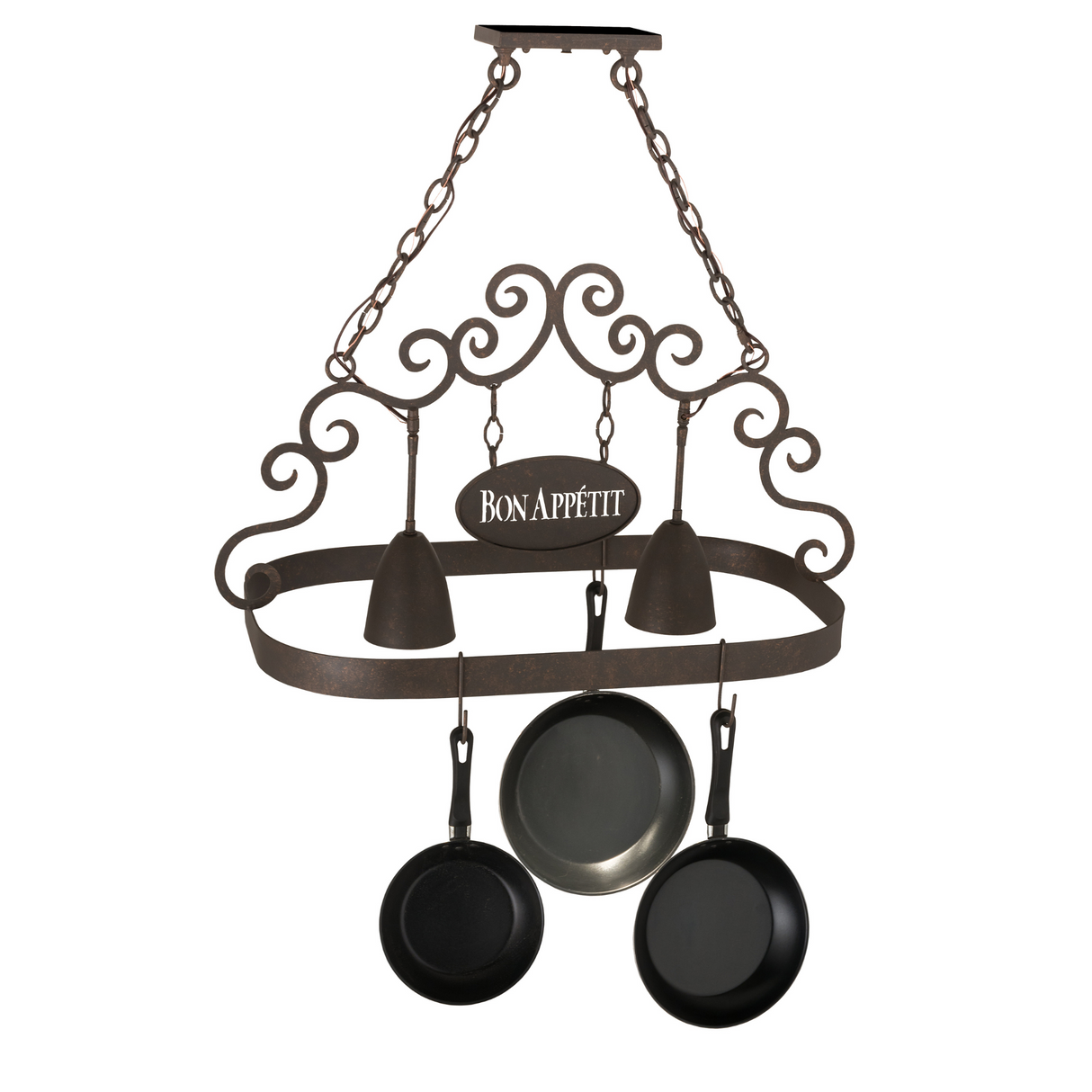 Front view of unlit Bon Appetit 2-light pot rack.