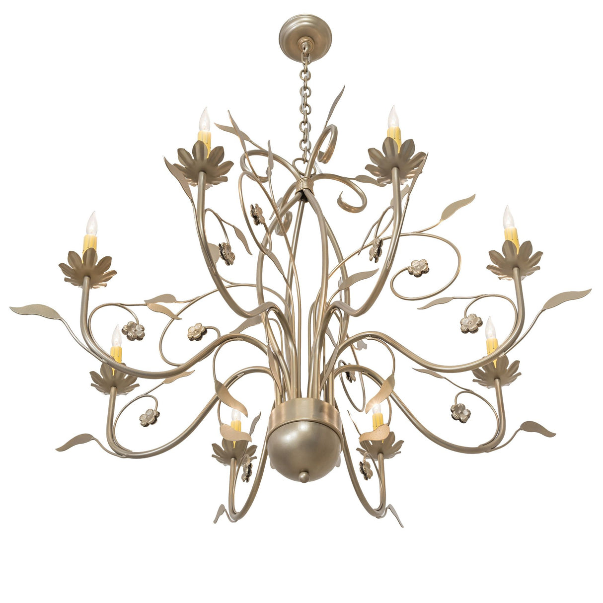 Bottom angle view of Bordeaux chandelier showing sculpted metal arms and center hub.