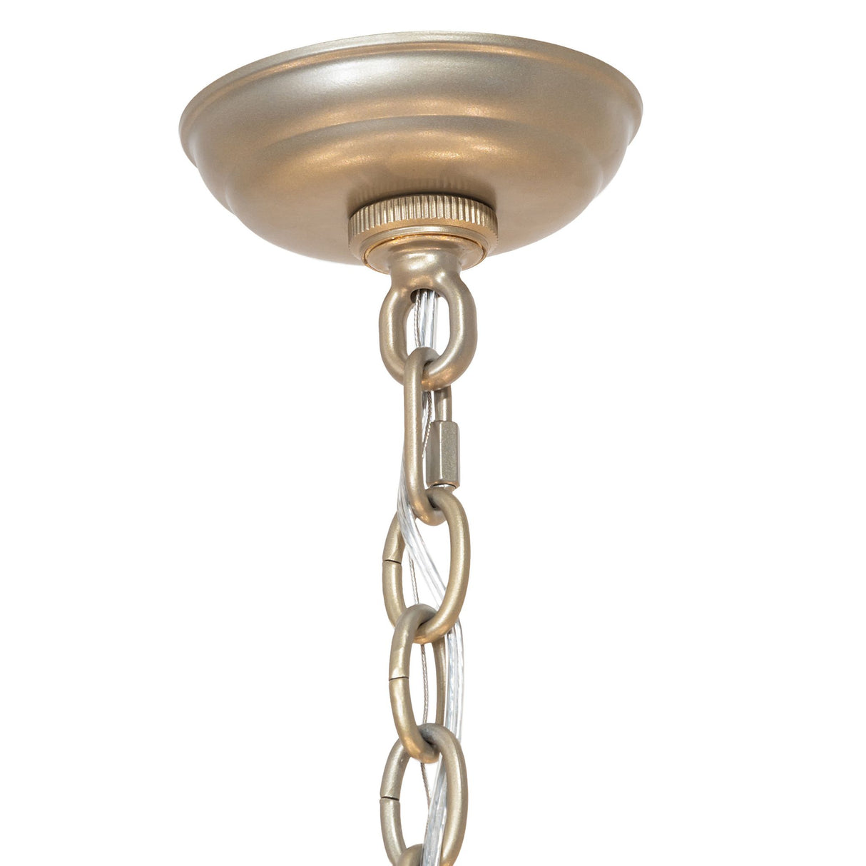 Bordeaux chandelier canopy and adjustable chain detail in satin titanium gold.