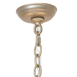 Bordeaux chandelier canopy and adjustable chain detail in satin titanium gold.