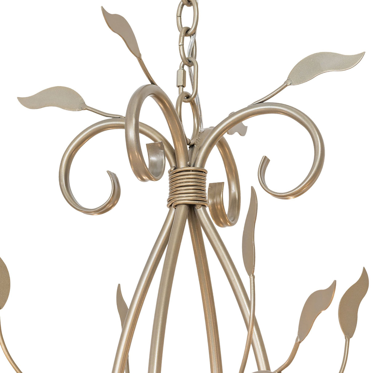 Close-up of Bordeaux chandelier top scrollwork and chain connection in satin gold finish.