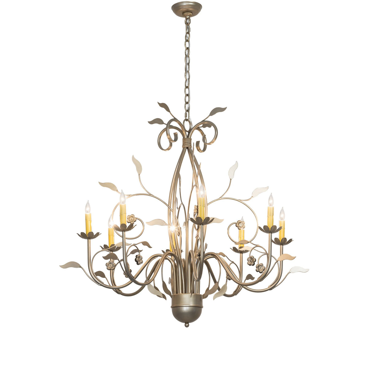 Full view of Bordeaux 8 light chandelier in satin titanium gold finish.