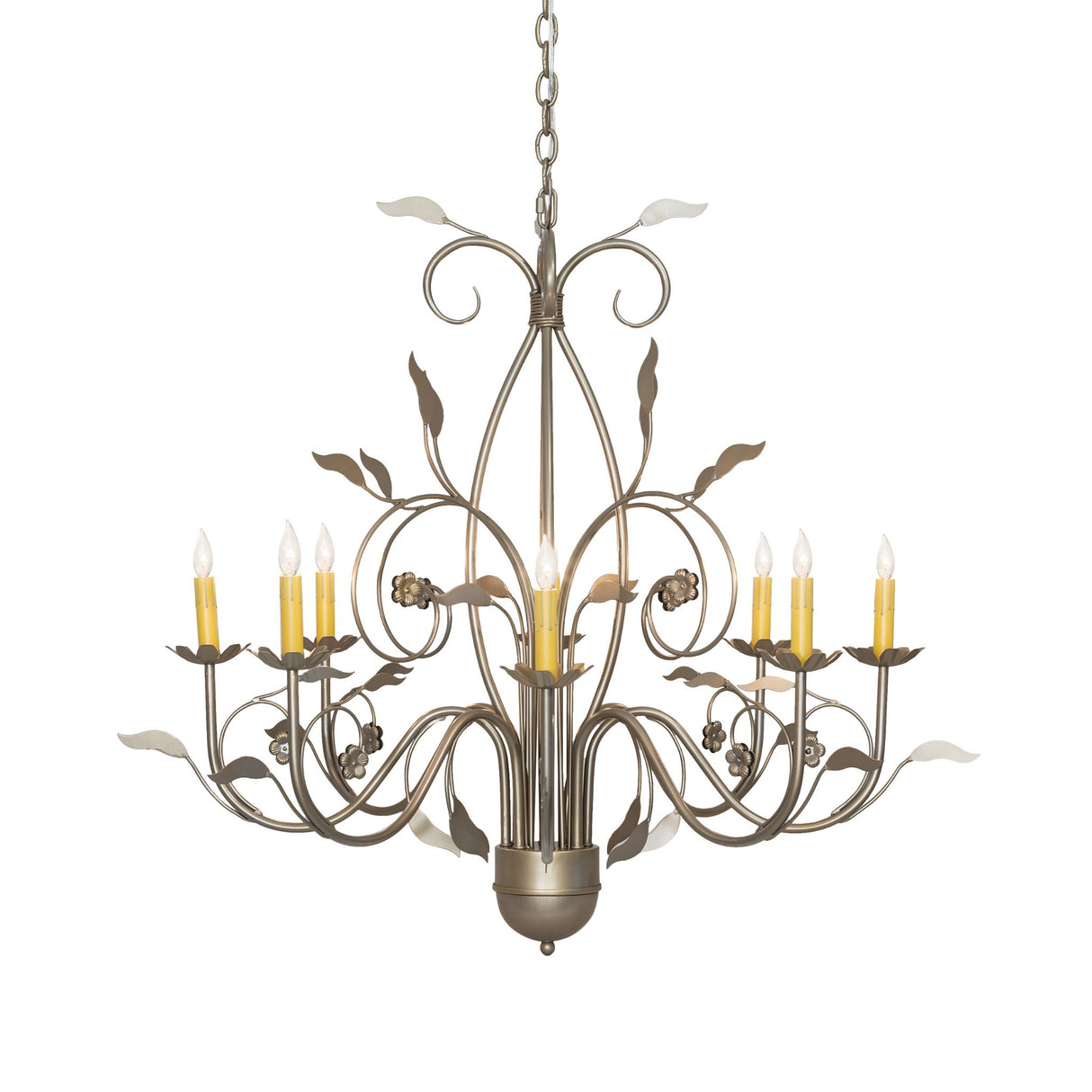 Side view of 8 light chandelier highlighting floral bobeches and scrolling arms.