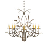 Side view of 8 light chandelier highlighting floral bobeches and scrolling arms.