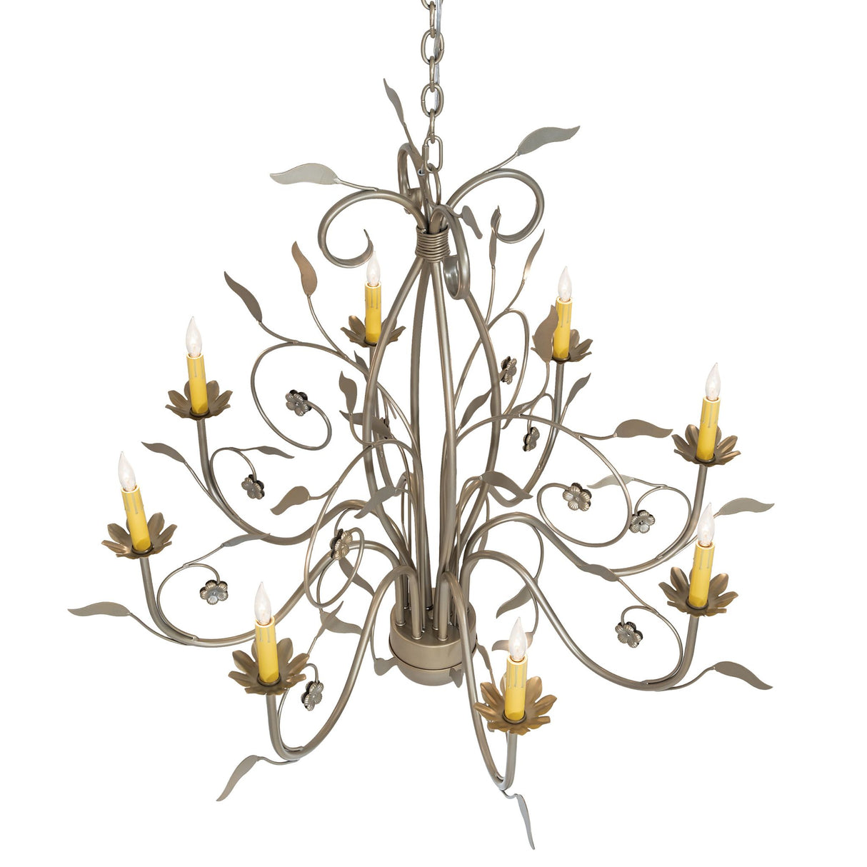 Top angle view of Bordeaux 8 light chandelier showing curved arms and leafy accents.