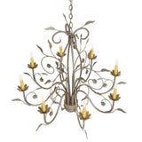 Top angle view of Bordeaux 8 light chandelier showing curved arms and leafy accents.