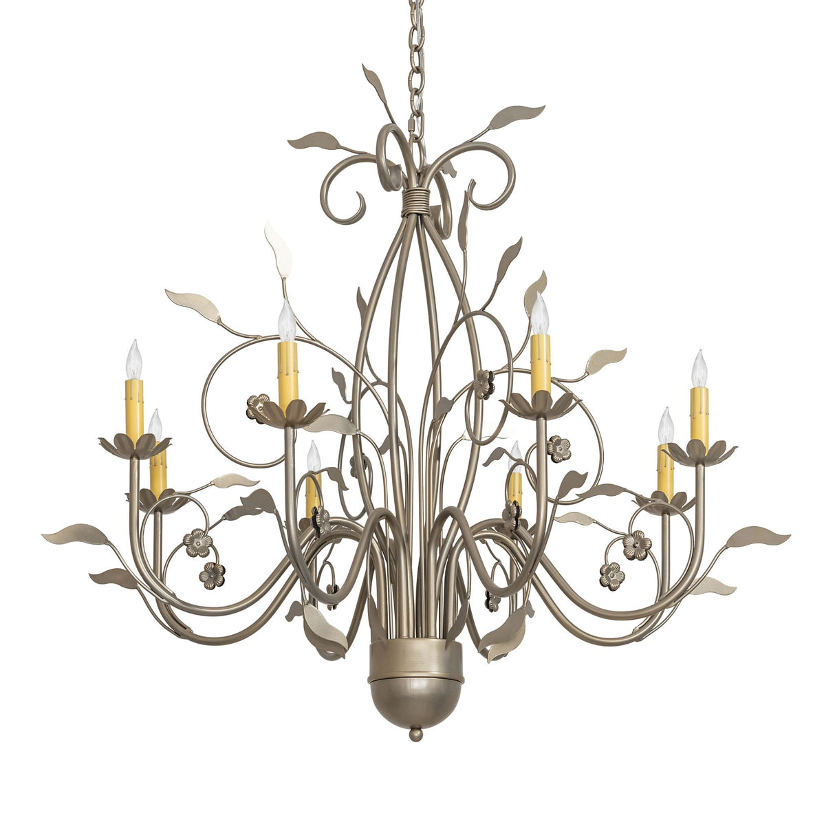 Bordeaux 8 light chandelier unlit view showing floral metal arms and candle bobeches.