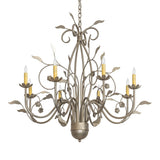 Bordeaux 8 light chandelier unlit view showing floral metal arms and candle bobeches.