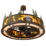 Bottom angle lit view showing fan blades and illuminated forest pattern.