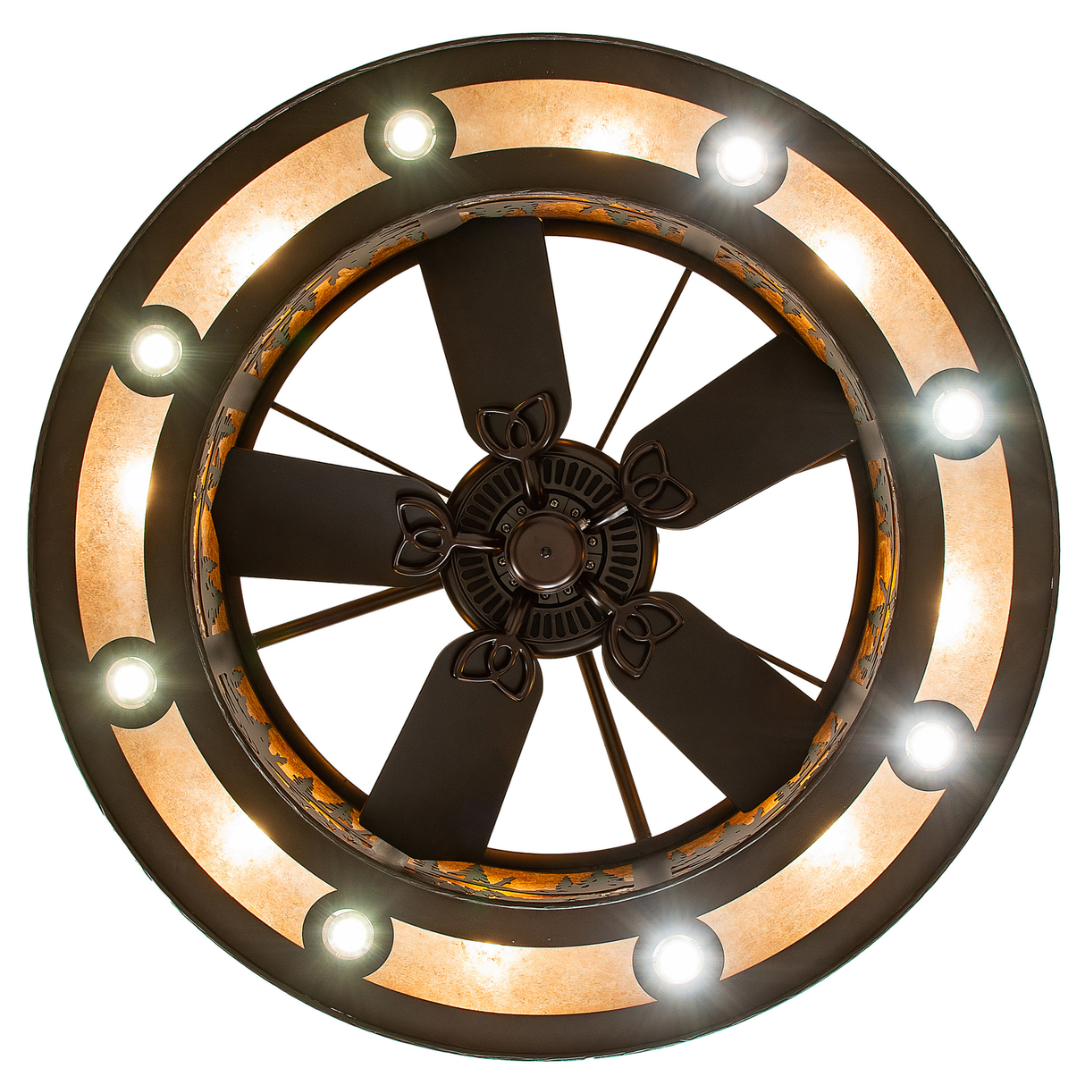 Bottom view of Boulders Personalized Chandel-Air with uplighting and fan blades.