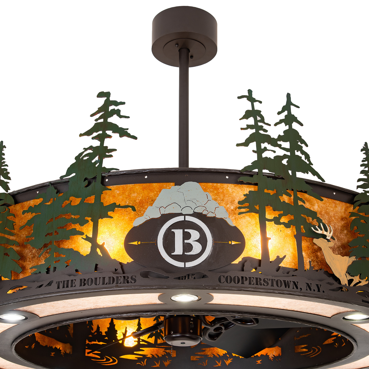 Close-up of engraved Boulders logo and glowing mica lens detail.
