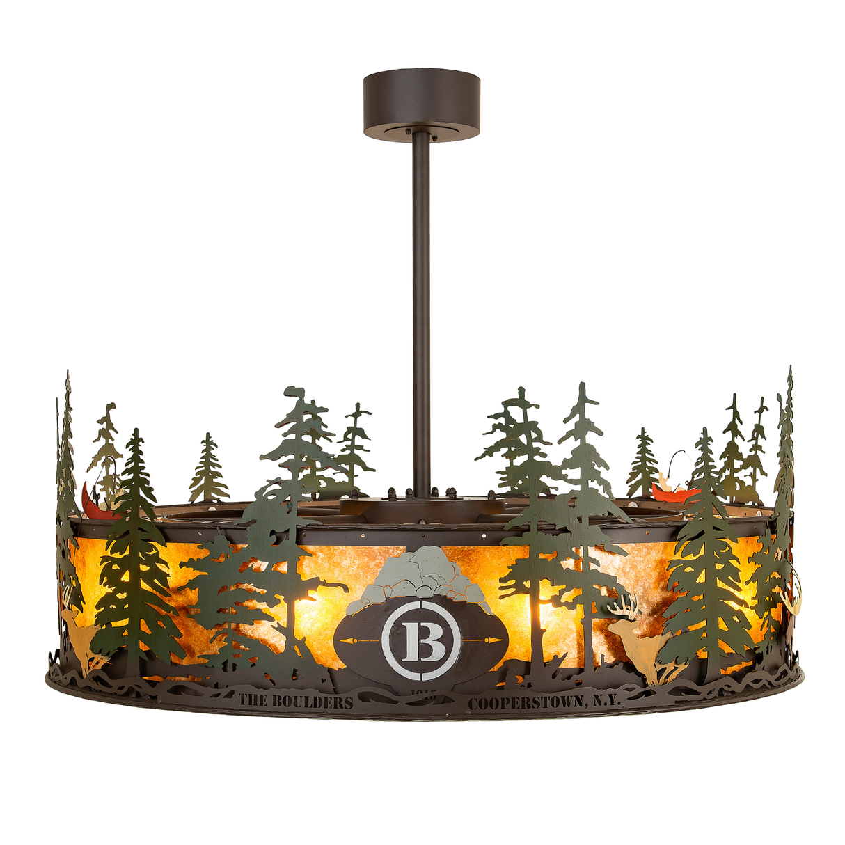 Front lit view of Boulders Personalized Chandel-Air featuring mountain logo and deer cutouts.