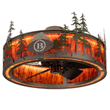 Lit angled view of Boulders Personalized Chandel-Air with pine forest design.