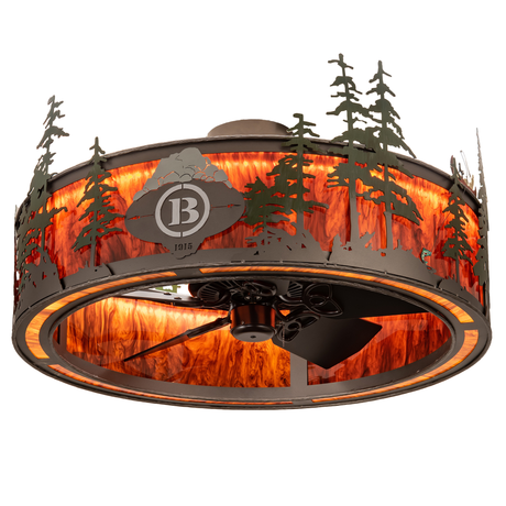 Lit angled view of Boulders Personalized Chandel-Air with pine forest design.