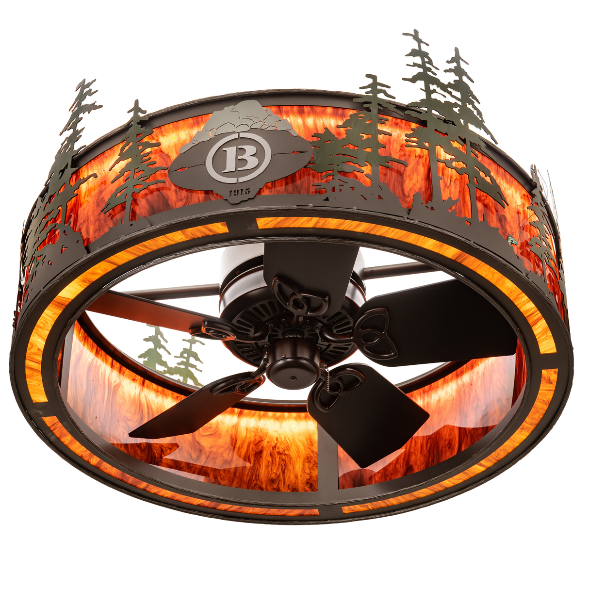 Bottom angled view of Boulders Personalized Chandel-Air with fan blades visible.