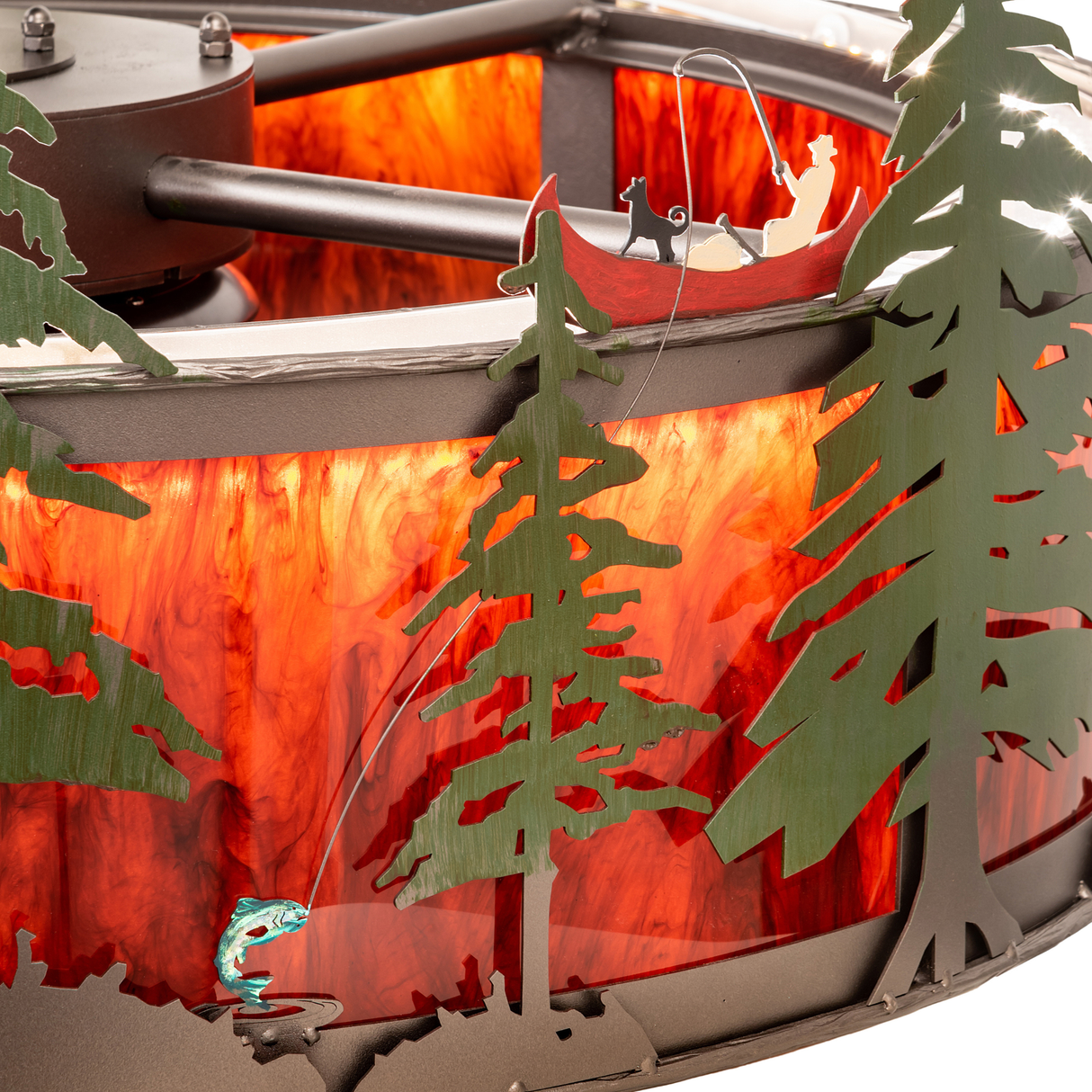 Close-up of Boulders Personalized Chandel-Air pine forest and canoe details.