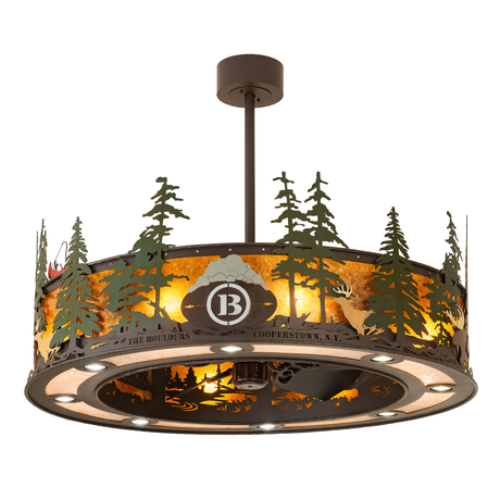 Lit angled front view of Boulders Personalized Chandel-Air with woodland design.