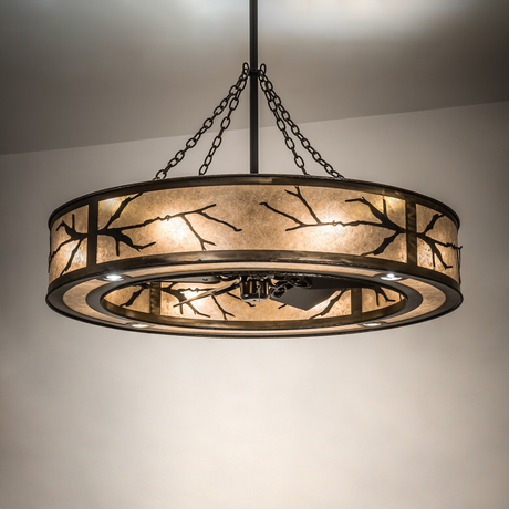 Ambient view showing warm mica glow and rustic branch design.