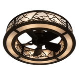 Bottom angle view revealing fan blades and lighted circular bronze frame.