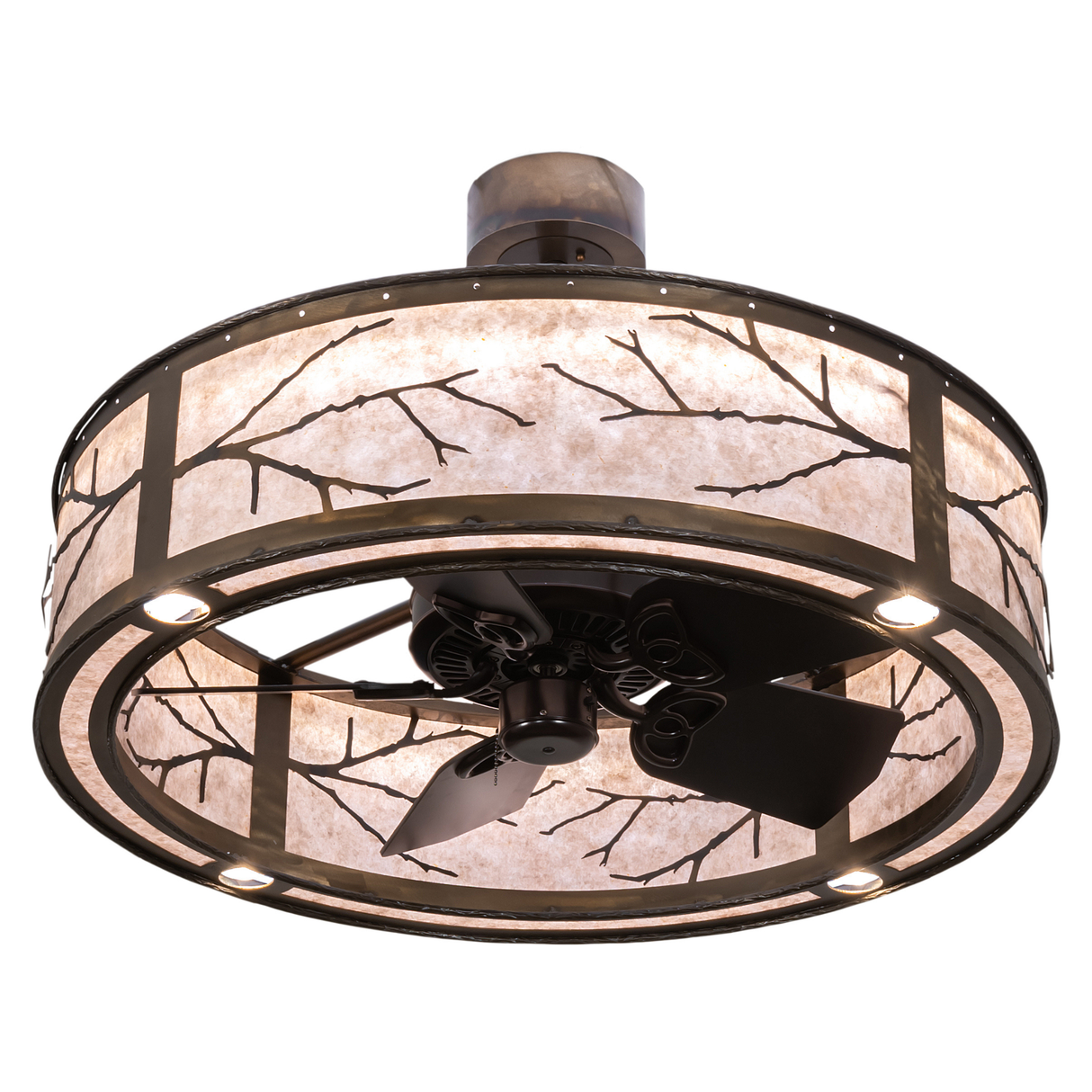Angled bottom lit view showing fan blades and glowing mica panels.