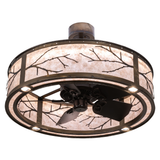 Angled bottom lit view showing fan blades and glowing mica panels.