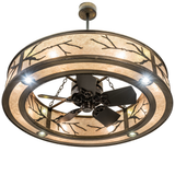 Angled bottom view showing fan and lights inside the round mica frame.