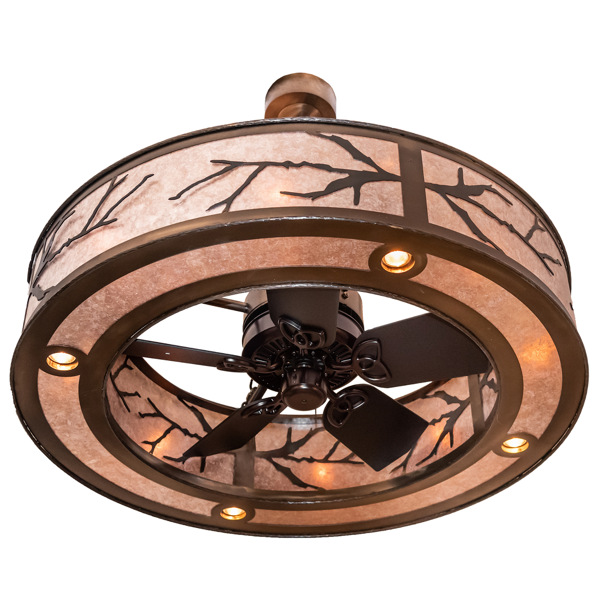 Angled view highlighting fan blades and glowing mica shade design.
