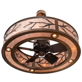 Angled view highlighting fan blades and glowing mica shade design.