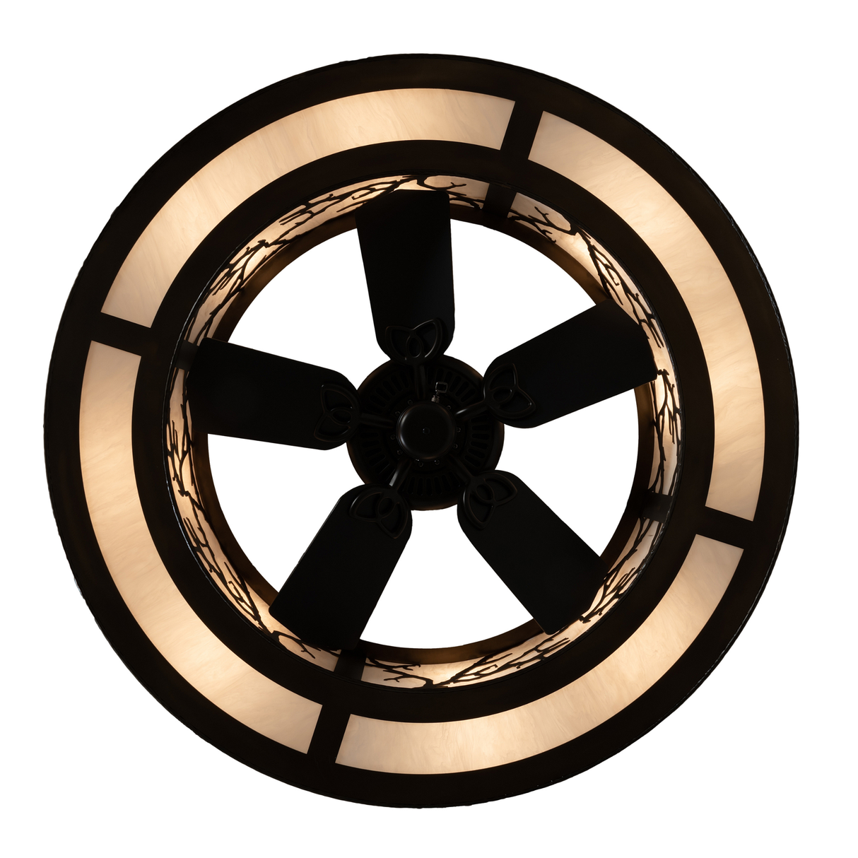 Direct bottom view of five-blade fan with branch-pattern diffuser ring.