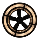 Direct bottom view of five-blade fan with branch-pattern diffuser ring.