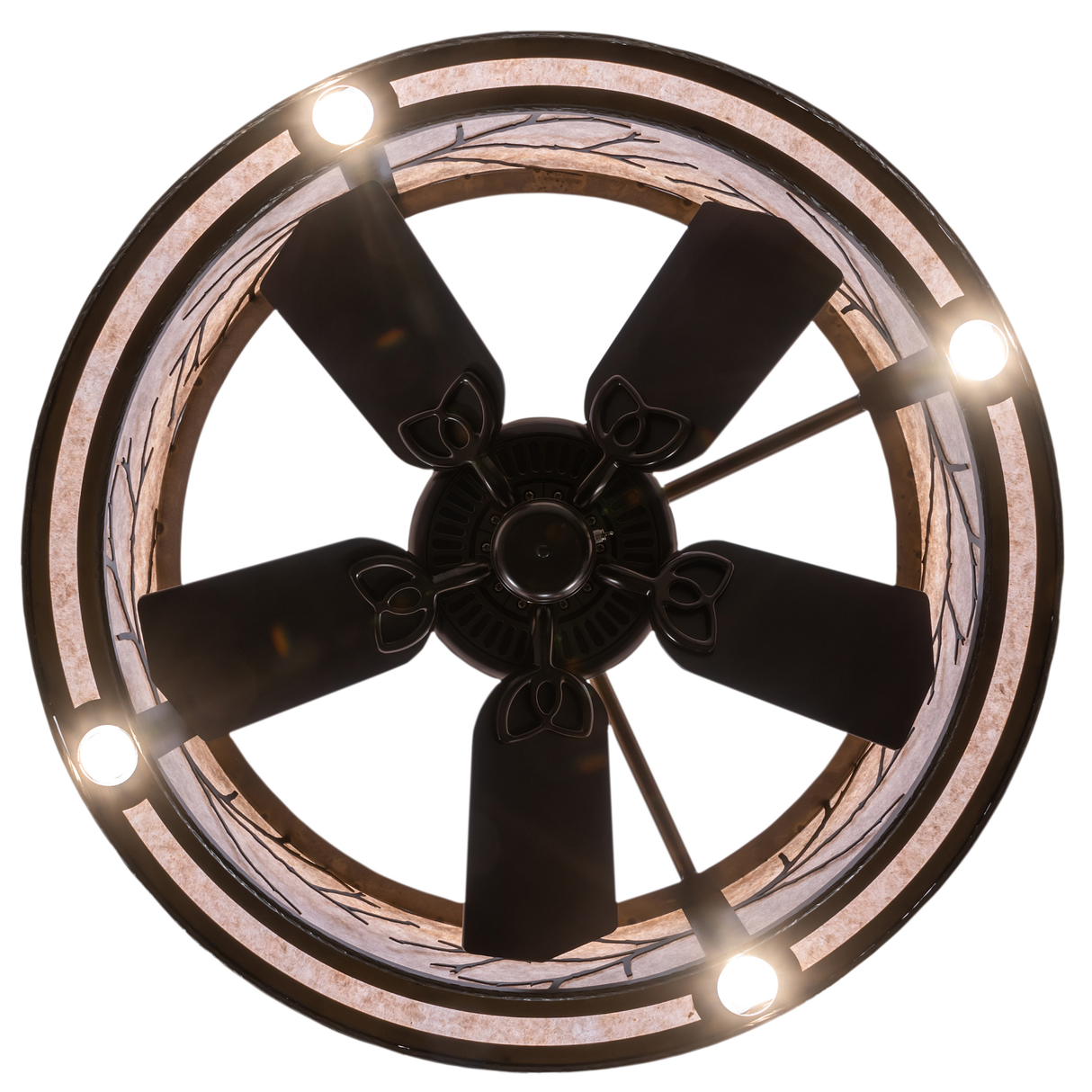 Direct bottom view showing centered fan beneath illuminated ring.